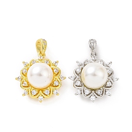 Eco-friendly Rack Plating Brass Micro Pave Cubic Zirconia Pendants, with ABS Platic Imitation Pearls, Cadmium Free & Lead Free, Long-Lasting Plated, Flower Charm