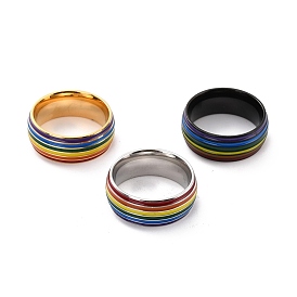 Rainbow Pride Finger Ring, Stripe Grooved Flat Titanium Steel Finger Ring for Women