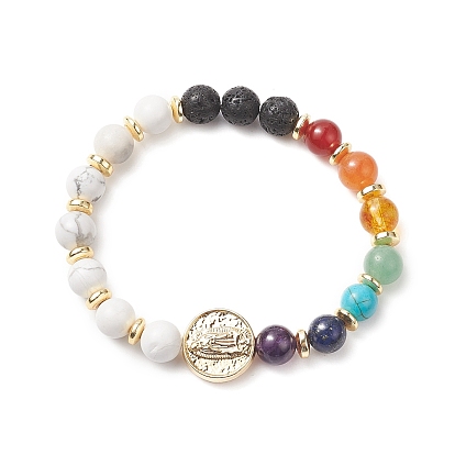 Natural & Synthetic Mixed Gemstone & Brass Virgin Mary Beaded Stretch Bracelet for Women