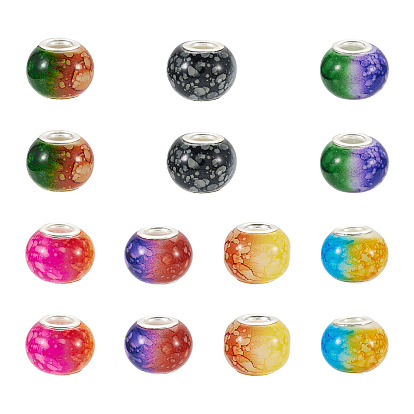 42 piezas 7 colores cuentas europeas de vidrio de dos tonos, abalorios de grande agujero, con núcleos dobles latón tono plata, Rondana plana