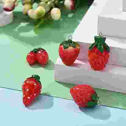 25Pcs 5 Sizes Resin Strawberry Pendants, with Platinum Tone Iron Loops, Imitation Food