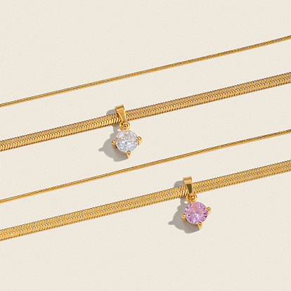 304 Женские ожерелья с плоским круглым кулоном из нержавеющей стали с паве из кубического циркония, реальный 18 k позолоченный