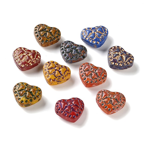 Handmade Lampwork Beads, Heart with Bowknot, Golden Metal Enlaced