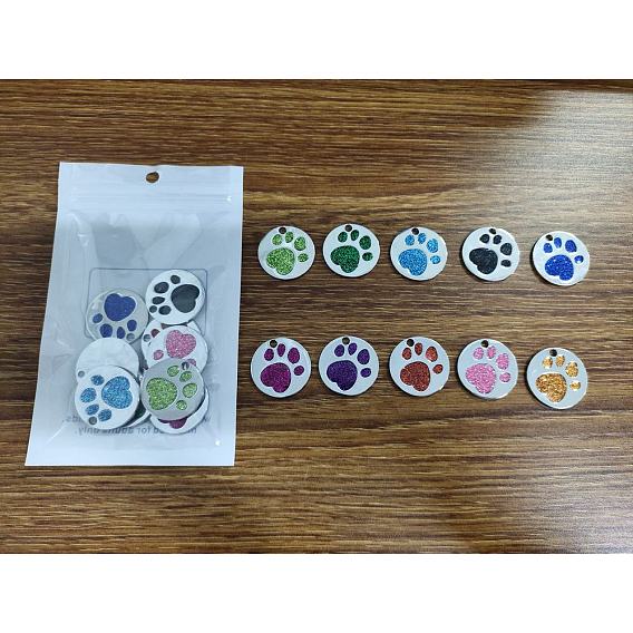 Enamel Pendants, with Platinum Plated Alloy Loop and Glitter Powder, Flat Round with Dog Paw Prints