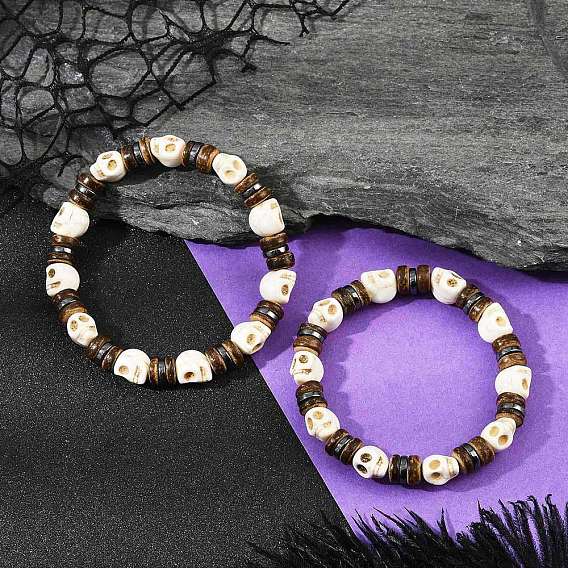 Браслеты из натуральных кокосовых и синтетических бирюзовых бусин и немагнитного синтетического гематита, череп