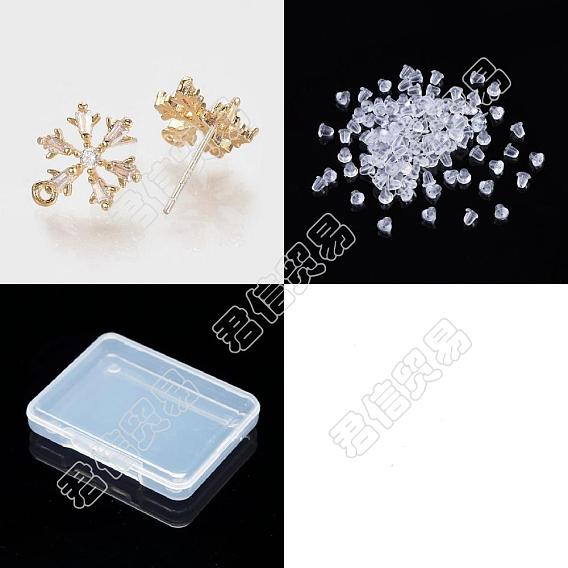 10Pcs Brass Cubic Zirconia Stud Earring Findings, with 925 Sterling Silver Pins and Horizontal Loops, Nickel Free, Snowflake, with 30Pcs Plastic Ear Nuts