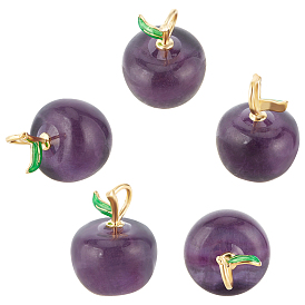 Carved Natural Fluorite Enamel Pendants, with Matte Gold Color Findings and Enamel, Apple