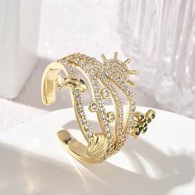 Brass Micro Pave Cubic Zirconia Cuff Open Rings, Shell Shape with Sun