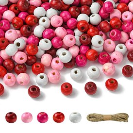 1000Pcs 5 Colors Valentine's Day Round Dyed Natural Wood Beads, Lead Free, with 1 Bundle Jute Cord