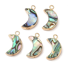 Natural Paua Shell Pendants, Moon Charms with Brass Edge