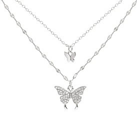 Double Layer Butterfly Alloy Cubic Zirconia Pendant Necklaces for Women, Stylish and Versatile for Daily Wear