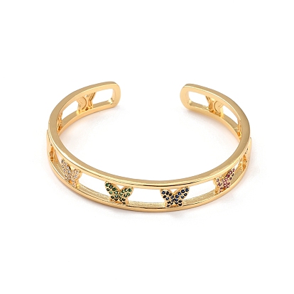Colorful Cubic Zirconia Butterfly Hollow Out Cuff Bangle, Brass Wide Open Bangle for Women, Lead Free & Cadmium Free