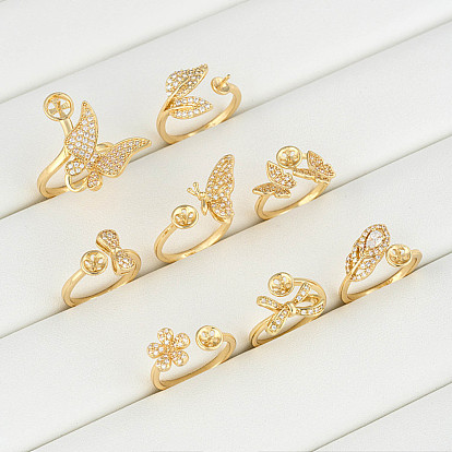 Оправа для кольца-манжеты из латуни с микропаве из кубического циркония, закрепки колец и штифтов для полусверленных бусин