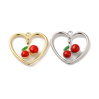 Alloy Pendants, with Enamel, Heart with Cherry Charm