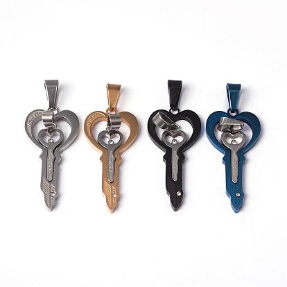 304 Stainless Steel Spray Painted Pendants, Couple Pendants, Skeleton key, with Rhinestone, For Valentine's Day, 39x18x2.5mm, 22x9x2mm, Hole: 4x7mm
