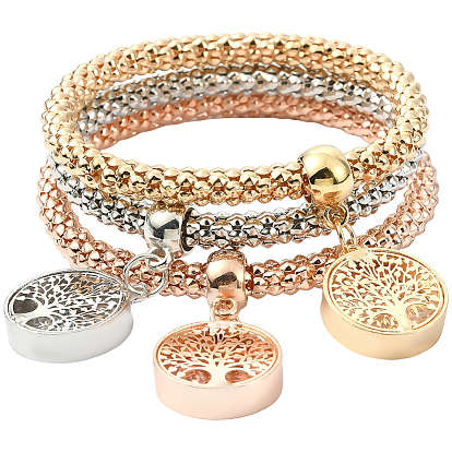 3шт. 3 цвета браслеты с подвесками из цинкового сплава, железные эластичные браслеты для женщин, плоские круглые с деревом