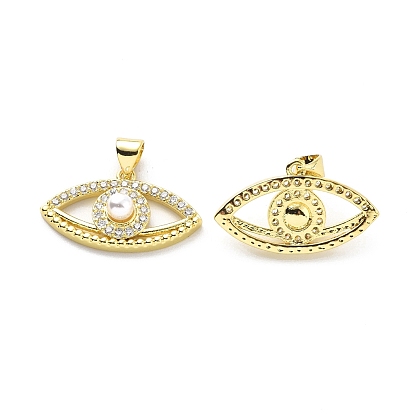 Brass Clear Cubic Zirconia Pendants, Cadmium Free & Lead Free, with ABS Plastic Imitation Pearl, Eye Charm