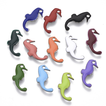 201 Stainless Steel Enamel Charms, Sea Horse, Stainless Steel Color