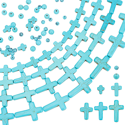 90шт 7 стили синтетические бирюзовые драгоценные камни бусины, окрашенные, круглый и крест