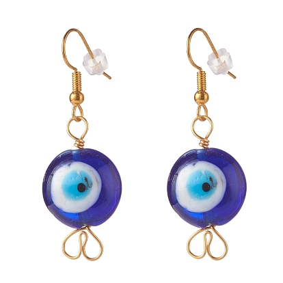 Lampwork Evil Eye Dangle Earrings, Brass Wire Wrapped Earrings for Women, Golden