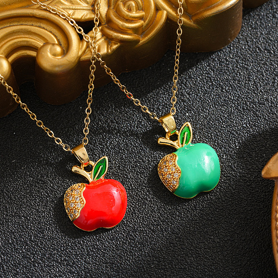 Christmas Brass Micro Pave Clear Cubic Zirconia Enamel Apple Pendant 201 Stainless Steel Cable Chain Necklaces for Unisex, Ion Plating(IP), Real 18K Gold Plated