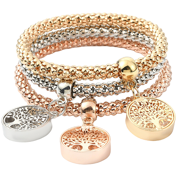 3шт. 3 цвета браслеты с подвесками из цинкового сплава, железные эластичные браслеты для женщин, плоские круглые с деревом