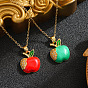 Christmas Brass Micro Pave Clear Cubic Zirconia Enamel Apple Pendant 201 Stainless Steel Cable Chain Necklaces for Unisex, Ion Plating(IP), Real 18K Gold Plated