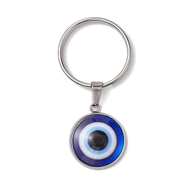 Evil Eye Resin Keychains, with 304 Stainless Steel Findings and Iron Split Key Rings, Flat Round