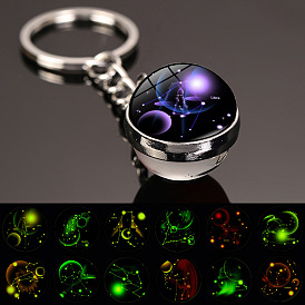 Twelve Constellations Luminous Keychain, Double Sided Glass Ball Pendant Keychain. Glow In The Dark Keychain