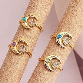 Vintage Minimalist Crescent Moon Natural Stone Gold Plated Diamond Ring for Women