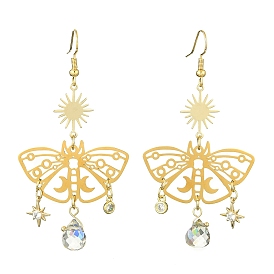 201 Stainless Steel Butterfly Chandelier Earrings with Brass Pins, Glass Teardtrop Long Drop Earrings