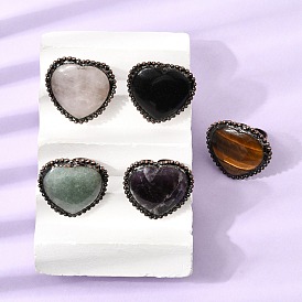 Natural Gemstone Cuff Open Rings, Heart, Brass Rings, Red Copper