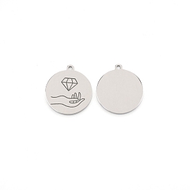 304 Stainless Steel Pendants, Flat Round with Diamond Pattern