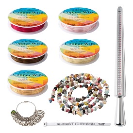 Kit de fabrication de bagues en perles de pierre mélangées bricolage, y compris un brin de perles de pierre mélangées naturelles et synthétiques, fil de cuivre, bijoux ensembles d'outils de mesure, baguier nous mesure au doigt