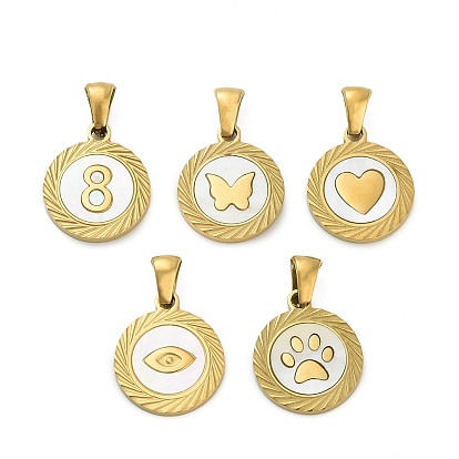 304 подвески из нержавеющей стали, с паве-ракушкой, плоский круглый шарм, ионное покрытие (ip), реальный 18 k позолоченный