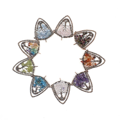 Pendentifs enveloppés de fil de laiton de pierres précieuses, avec fingdings d'alliage, triangle avec un arbre, bronze antique