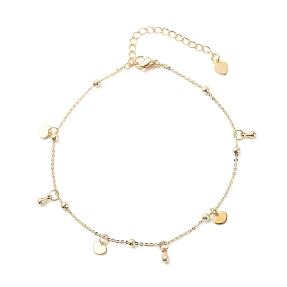Brass Cable Chains Anklets, with 304 Stainless Steel Heart Charms and Brass Teardrop Pendants