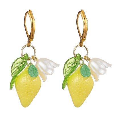Resin Lemon Leverback Earrings for Women, Golden