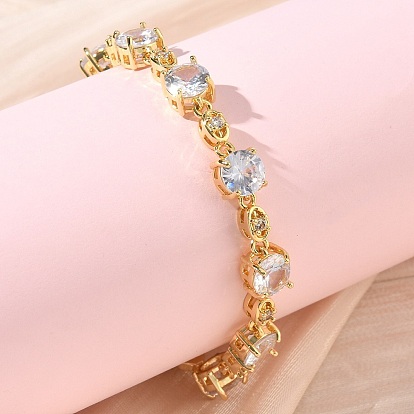 Браслет из цепочек с плоскими круглыми и овальными звеньями из прозрачного кубического циркония, украшения из латуни для женщин, без кадмия и без свинца, долговечный, стойки покрытие