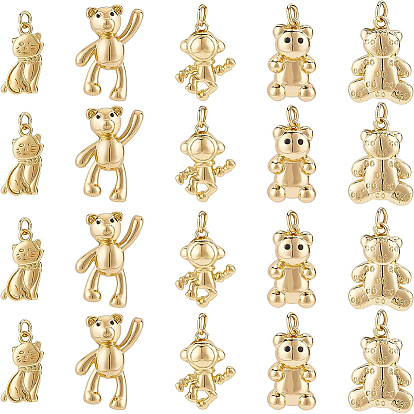 20Pcs 5 Style Brass Pendants, Long-Lasting Plated, with Jump Ring, Bear & Cat & Astronaut