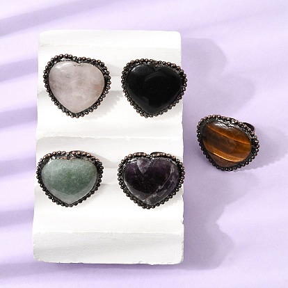 Natural Gemstone Cuff Open Rings, Heart, Brass Rings, Red Copper