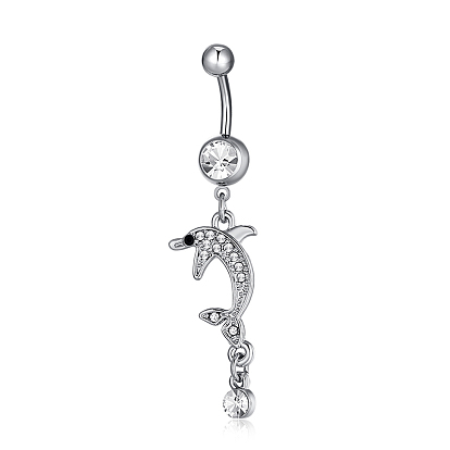 Joyería piercing, anillo de ombligo de circonita cúbica de latón, anillos del vientre, con 304 barra de acero inoxidable, sin plomo y el cadmio, dlophin