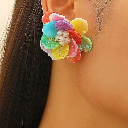 Серьги-гвоздики из латуни и пластика в форме цветка, с пластиковой жемчужины, золотой свет