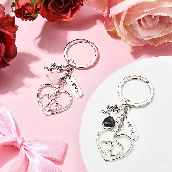 Natural Rose Quartz & Black Onyx Keychain, with 
Alloy Pendant and Iron Split Key Rings, Heart