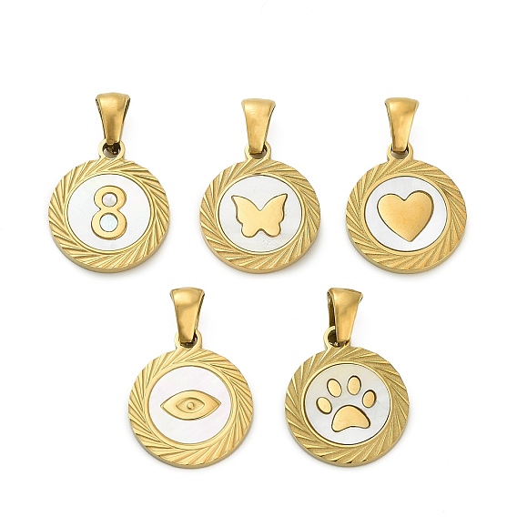 304 подвески из нержавеющей стали, с паве-ракушкой, плоский круглый шарм, ионное покрытие (ip), реальный 18 k позолоченный