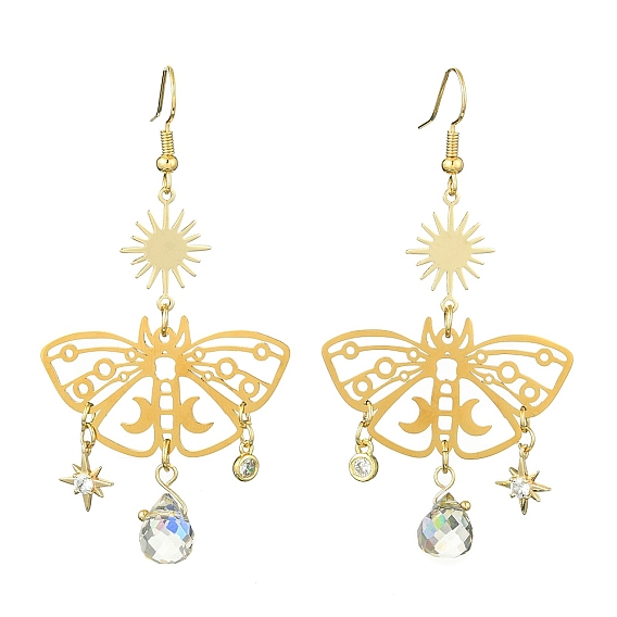 201 Stainless Steel Butterfly Chandelier Earrings with Brass Pins, Glass Teardtrop Long Drop Earrings