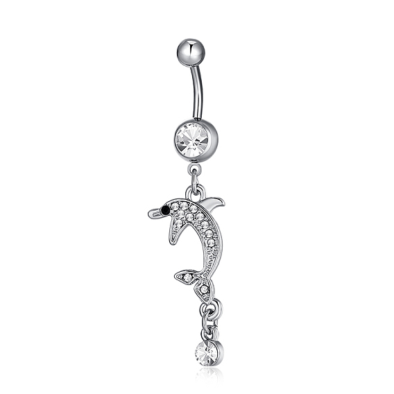 Piercing Jewelry, Brass Cubic Zirconia Navel Ring, Belly Rings, with 304 Stainless Steel Bar, Lead Free & Cadmium Free, Dlophin