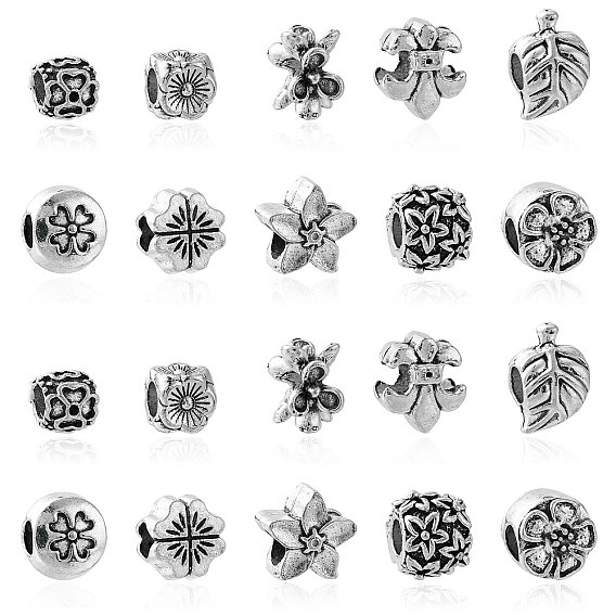 60 шт 10 стили европейские бусины из сплава в тибетском стиле, бусины с большим отверстием, клевер/цветок/лист