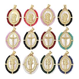 Rack Plating Brass Pave Shell Religion Pendants, Oval Charms with Glass, Real 18K Gold Plated, Long-Lasting Plated, Lead Free & Cadmium Free