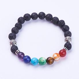 Yoga chakra bijoux, bracelets extensibles en perles de lave naturelle, avec les accessoires en alliage, ronde, argent antique
